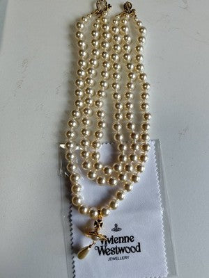 Vivienne Westwood 3-strand necklace, orb motif, drop pearl, pink gold, total49cm