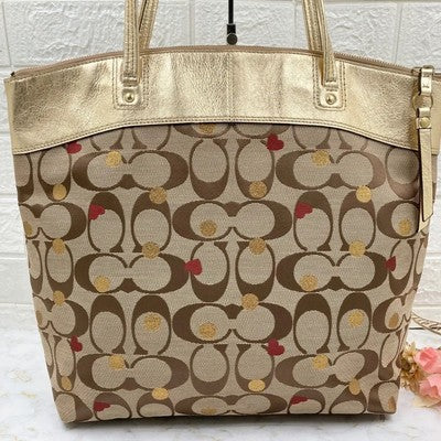 COACH Brand Gold x Beige Signature Pattern Tote Bag Shoulder bags Women's