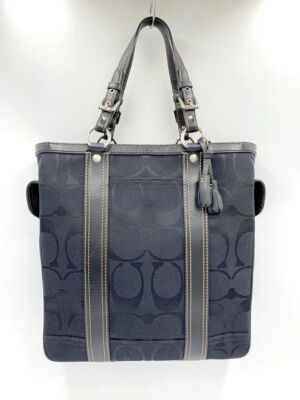 COACH Tote Bag Canvas Black Leather Signature Handbag Zip bag Large Women's