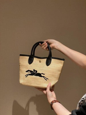 Longchamp M size  Hand bag  Basket bag Straw effect canvas x cowhide leather