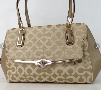Coach Madison Signature Op Art Beige Canvas Top Handle Satchel Shoulder Bag
