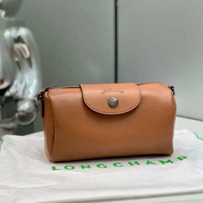 Longchamp Le Pliage XS size Tote Bag Handbag Pouch Cognac Brown Leather