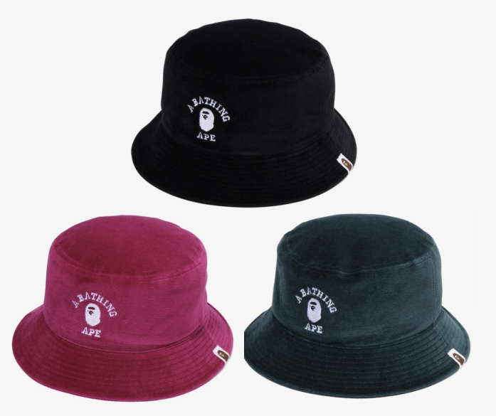 【2 Sizes】 A Bathing Ape Men's Velour Fabric Bucket Hat COLLEGE Logo Embroidery