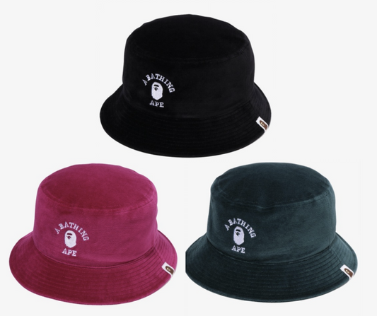 【2 Sizes】 A Bathing Ape Men's Velour Fabric Bucket Hat COLLEGE Logo Embroidery